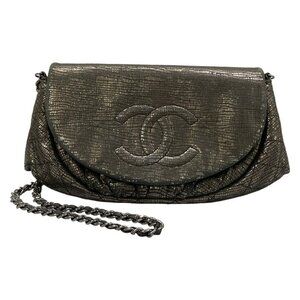 Chanel Wallet Half Moon Bronze Chain Gunmetal Leather